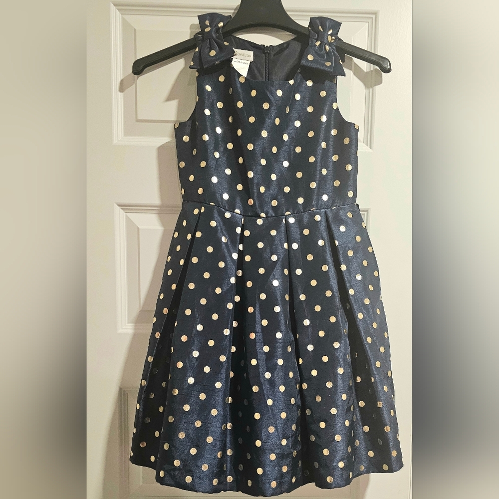 Bonnie Jean navy with gold polka dot Jacquard Dress Size 14